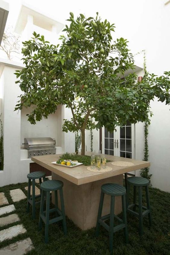 a quirky outdoor dining area with a stone table and a livign tree inside it plus dark green stools and a grill next to it