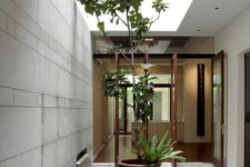 a simple inner courtyard with a waterfall, a pond and some potted plants that grow up to highlight the skylight