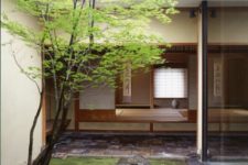 a zen indoor courtyard with some grass, rocks and a single tree growing up to the skylight for a traditional Japanese home