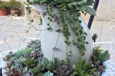 a metal bowl with succulents and a jug with them is a creative outdoor stand with plants, it will bring a rustic feel