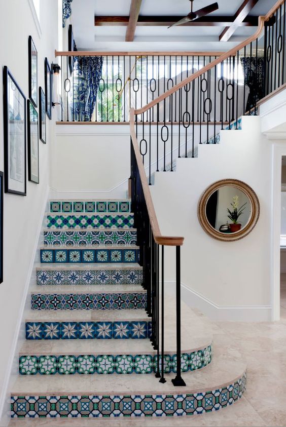 a beautiful seaside staircase with risers clad with blue azulejo tiles looks just gorgeous and amazing
