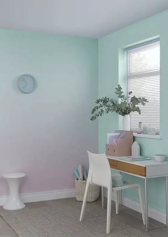a gradient wall from mint to light pink is a chic idea for this girlish home office