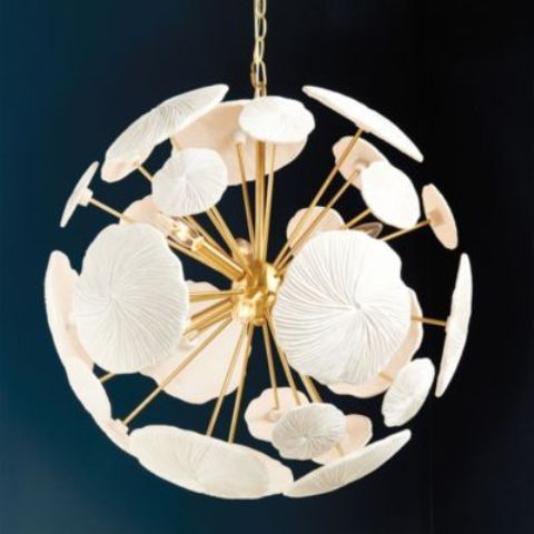 a round flower-inspired chandelier in gold and white is a very chic and cool piece for a chic statement