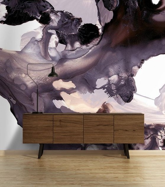 a plain wall becomes a bold statement with unique purple watercolor splash wallpaper