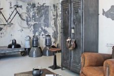 shabby chic walls, a vintage metal storage unit, leather furniture, retro metal lamps and a table on casters