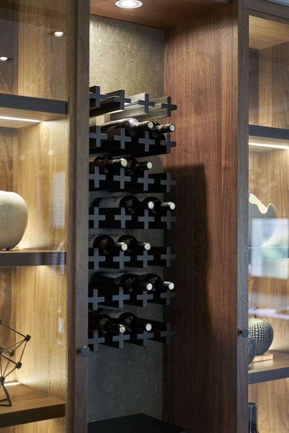 a quirky X shelf built into a cabinet for wine storage is a stylish and lighweight idea
