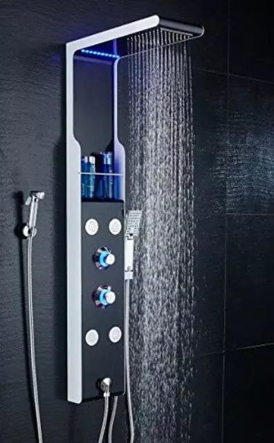 a rainfall waterfall shower head with colored lights and a digital panel is a lovely idea for those who love technology