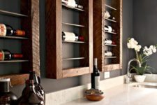 wall-mounted framed wooden shelves for wine bottles will give a rustic feel and a stylish look to your home bar