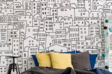 a black and white city sketch wall mural is a bold idea for a teen or dorm bedroom, it works well with colorful touches