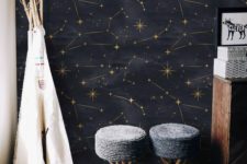 a celestial black and gold wall mural is a fantastic idea to renovate a space, it’s trendy and very whimsy