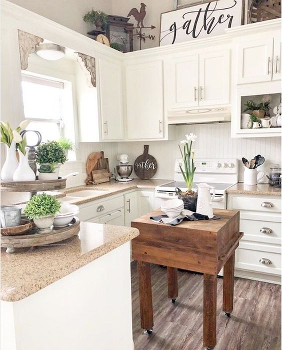 a little neutral cottage kitchen with vintage cabinets, stone countertops, potted plants and a small cart kitchen island that contrasts the space