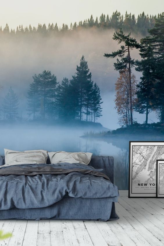 a misty forest and lake wall mural makes your bedroom fele more relaxing and you can feel like you are going to bed outdoors
