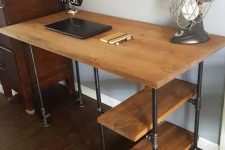 a modern industrial desk made of wood and metal pipes is a stylish idea that you can realize yourself for your home office