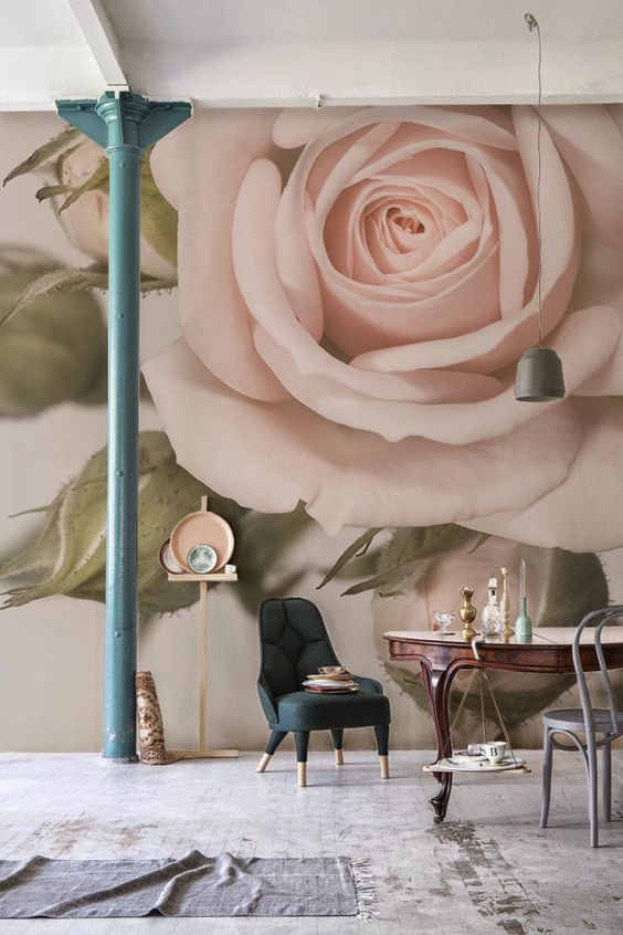 a refined space with a blush rose wall mural that brings ultimate elegance and chic to the room