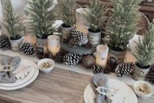 a rustic Christmas table setting with usual and snowy pinecones, potted Christmas trees, wooden Christmas trees and grey napkins