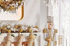 super glam and shiny Christmas decor with gold stockings, a gold and white garland of faux blooms and ornaments, a matching wreath