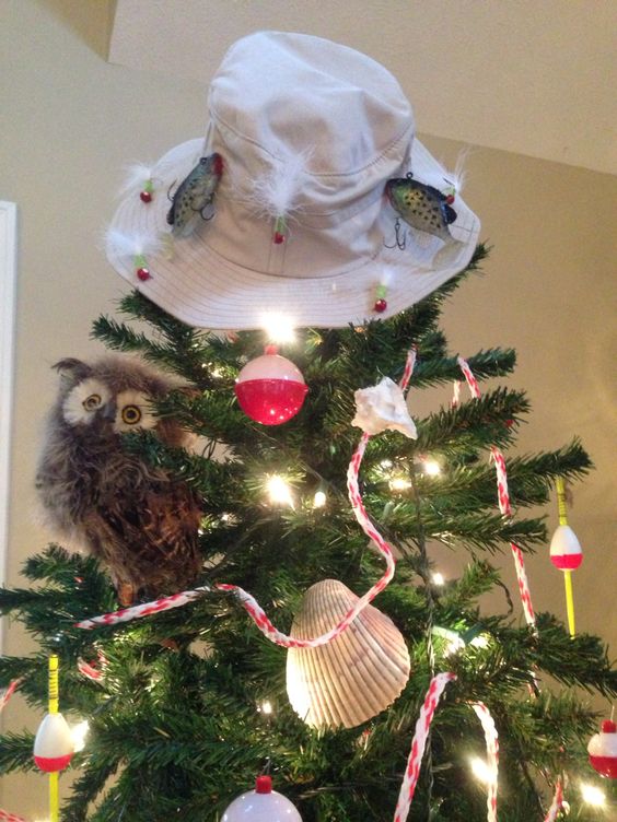 a bucket hat with fishing accessories is a fun and cool idea for a fisherman Christmas tree or a coastal one