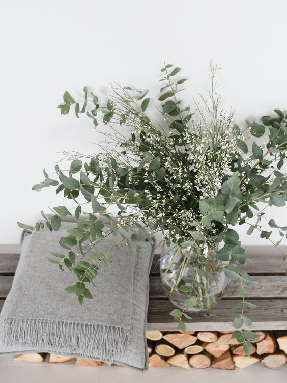 a clear vase with eucalyptus and white blooms is a simple and modern flower arrangement to enjoy