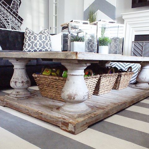 a shabby chic coffee table with basket drawers inserted under the tabletop to store things comfortably