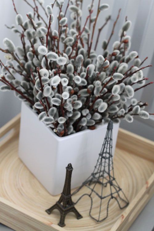 a white square vase with willow is a lovely non-floral spring arrangement that feels comfy and very spring-like