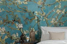 chic teal cherry blossom wallpaper is a nice idea for a statement wall, it’s a spring-like feel to the space