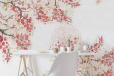 watercolor cherry blossoms on the wall make the home office cute, tender and chic
