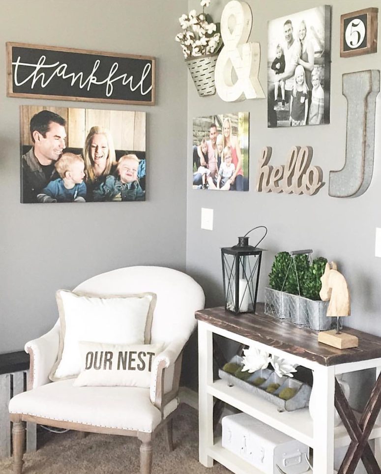 A little family corner is a great thing to add to any living room farmhouse styled or not.