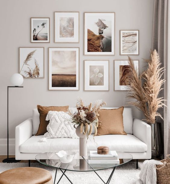A beautiful nature inspired gallery wall in light stained frames is a lovely decor idea to rock