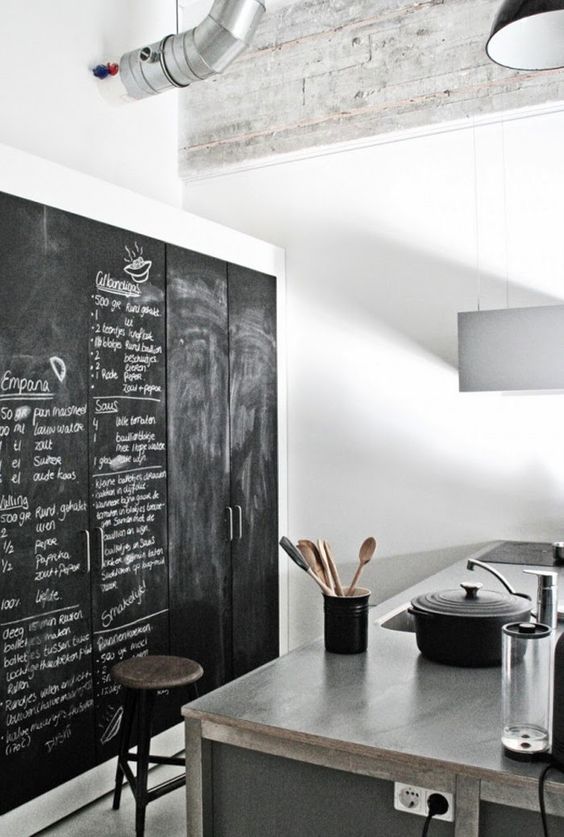 a contemporary industrial kitchen with cabinetry fully covered with chalkboard paint is a lovely and bold idea to rock
