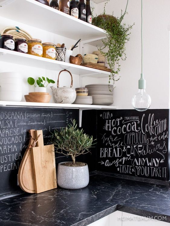 a contemporary white kitchen with dark stone countertops, a chalkboard backsplash to match it and look cool