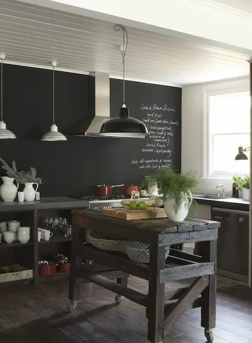 a dark kitchen with a chalkboard wall, wooden kitchen island, concrete and stone cabinets and pendant lamps