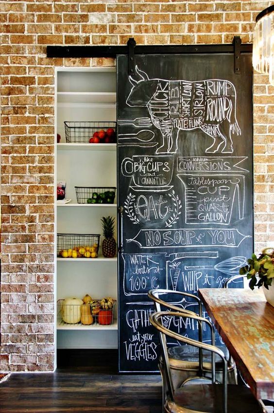a mini pantry with a sliding chalkboard door in barn style is a very cool and fresh idea, cover it with art completely