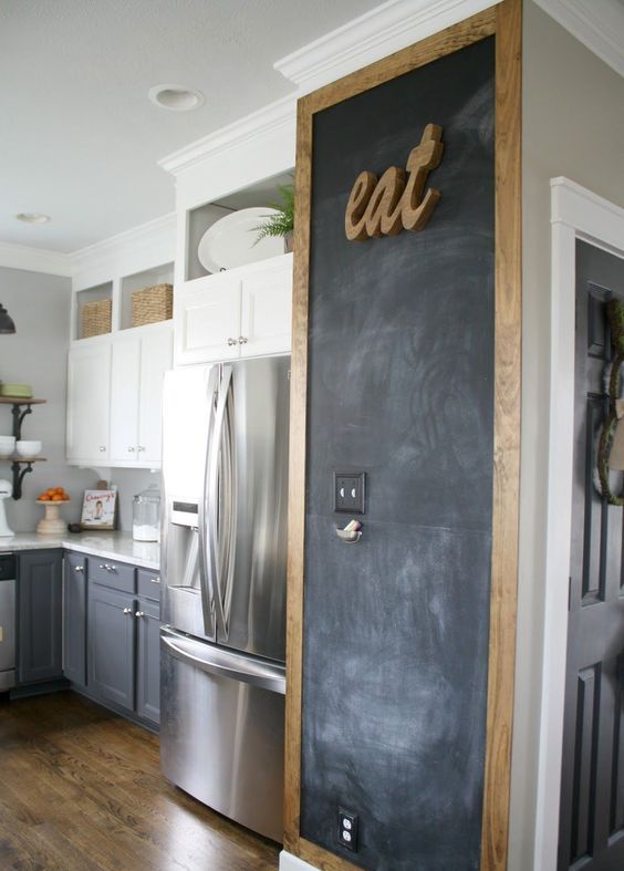 a piece of wall taken by a chalkboard with a frame and an EAT sign is a lovely idea for a rustic kitchen