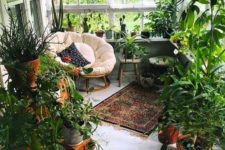 a small sunroom turned into an orangery – a couple of chairs and lots of potted greenery, the space feels like outdoors