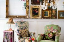 a white space with vintage furniture, floral chairs, a gallery wall with sophisticated frames and floral artwork, a side table with floral fabric