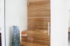 a tiny minimalist steam room clad with wood and with curved benches plus glass walls is cool