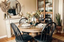 a vintage dining space with a faux fireplace