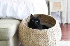 a woven raised cat bed styled as a pod is a stylish idea for a modern farmhouse home