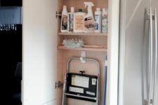 a narrow cabinet with shelves for storage will help you store all your chemicals without taking usual cabinet space