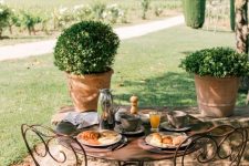 a small Provence outdoor space with a tree, a metal table and metal with cushions, potted greenery is a lovely and refined space
