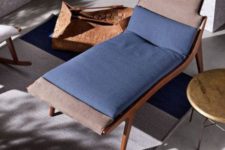 a stylish and sleek stained wooden lounger with taupe and blue upholstery is a nice idea for a modern or contemporary space