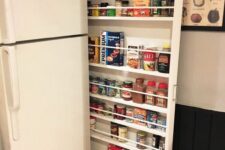 a very narrow vertical drawer built in next to a fridge is a cool idea to store spices and other food that doesn’t require cool temparatures