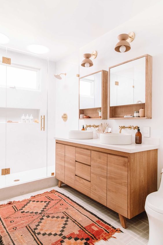 Lovely mirror bathroom cabinets feature storage space both inside and outside and perfectly fit this mid century modern bathroom