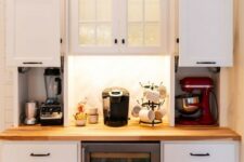 mini cabinets with sliding doors and with appliances hidden there plus a coffee station in the center is a stylish idea