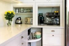 two mini cabinets with various appliances and jars is a cool idea to hide appliances when not in need
