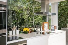 a minimalist white kitchen with sleek cabinetry and stone countertops plus glazed walls that open on the garden