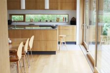 a modern light-stained kitchen with a window backsplash, a glass wall of sliding doors is a lovely idea to connect to outside
