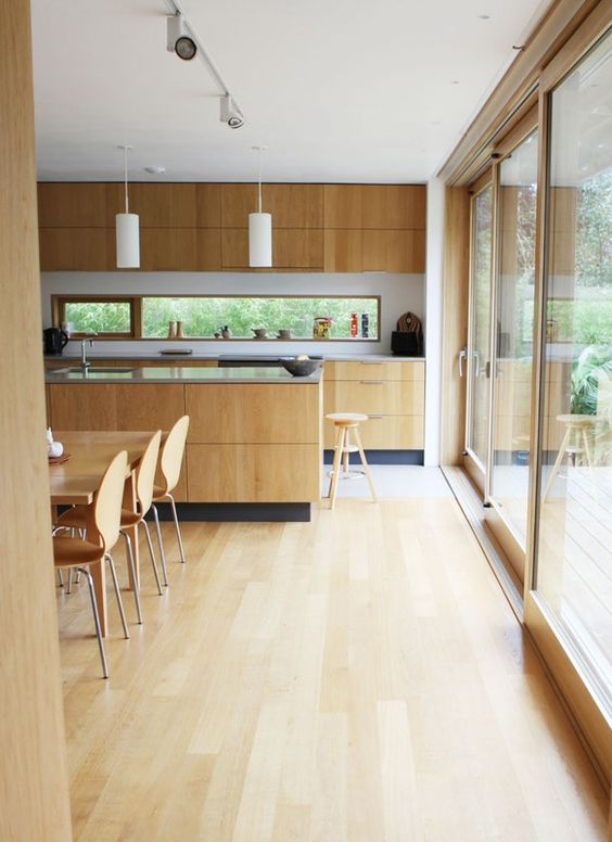 A modern light stained kitchen with a window backsplash, a glass wall of sliding doors is a lovely idea to connect to outside
