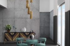 a rough concrete statement wall makes this colorful and refined space more contemporary and bold