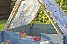 a small teepee is easy to construct, it can be a nap space, a picnic space or a reading zone